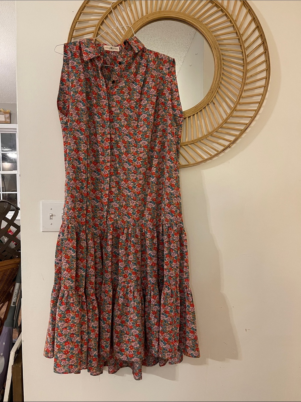 NATURAL LIFE Red Floral Button-Front Tiered Midi Dress